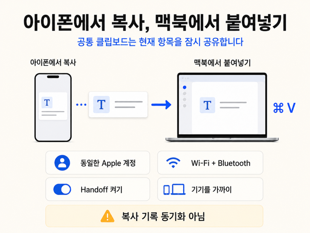 맥북과 아이폰 공통 클립보드 사용 조건과 연결 방법 인포그래픽