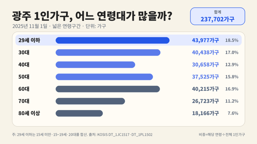 2025년 광주 1인가구를 29세 이하·30대·40대·50대·60대·70대·80세 이상으로 비교한 연령대별 가로 막대그래프