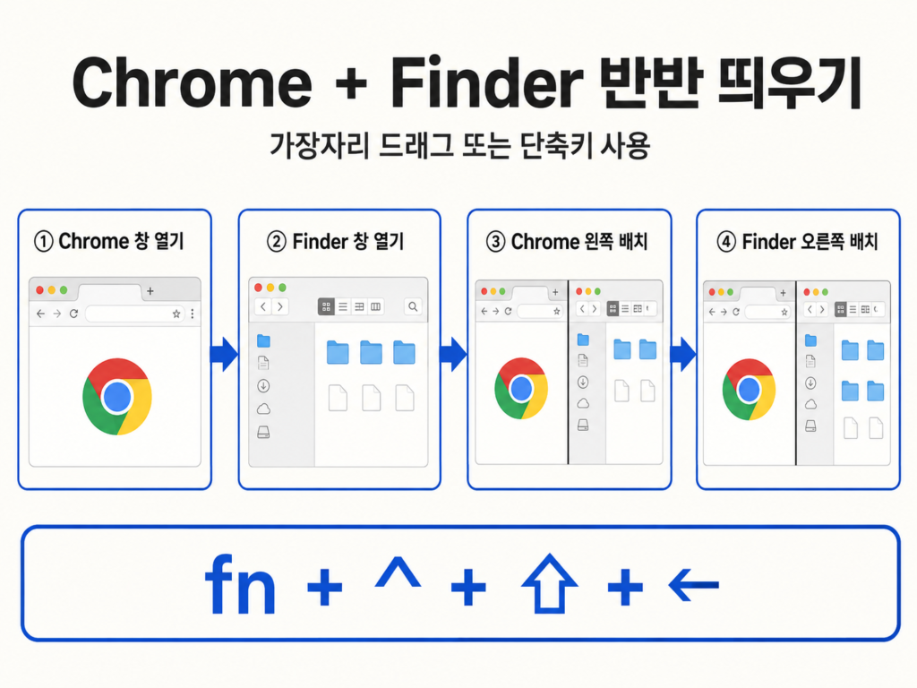 Chrome 창을 왼쪽에 Finder 창을 오른쪽에 배치하는 맥북 화면 분할 4단계