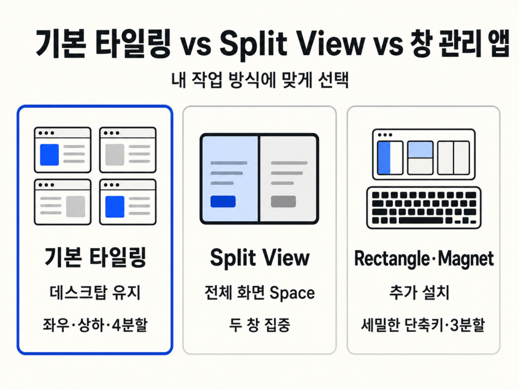 macOS 기본 창 타일링과 Split View 및 창 관리 앱의 차이 비교