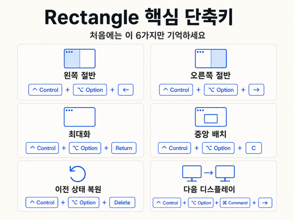 Rectangle 왼쪽 오른쪽 절반 최대화 4분할 핵심 단축키 인포그래픽