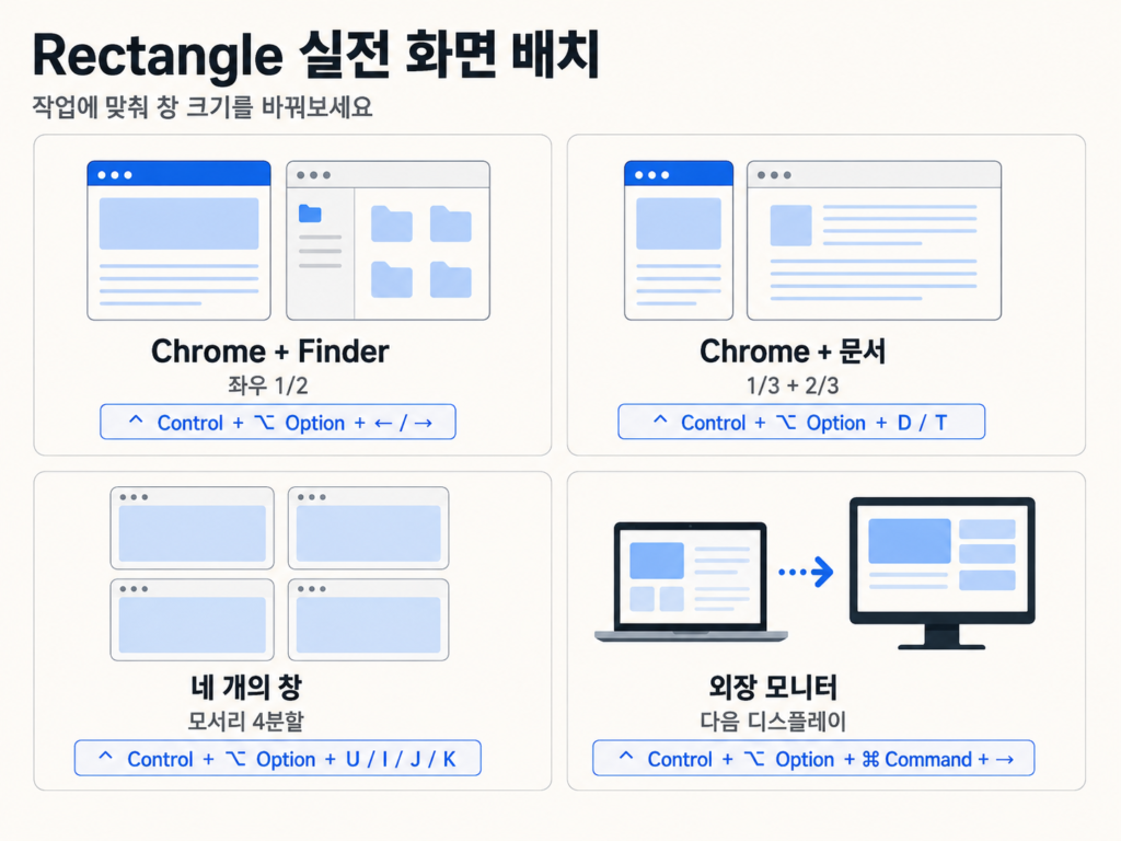 맥북 Rectangle Chrome Finder 문서 4분할과 외장 모니터 실전 창 배치 예시