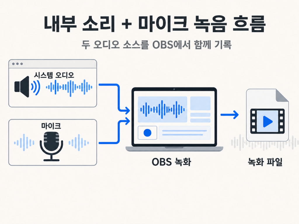 맥북 시스템 오디오와 마이크가 OBS 녹화 파일로 들어가는 흐름