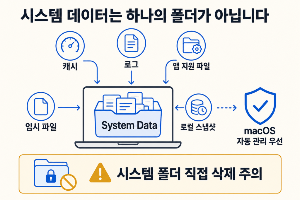 맥북 시스템 데이터의 캐시 로그 앱 지원 파일 임시 파일 로컬 스냅샷 구성과 안전한 확인 방법