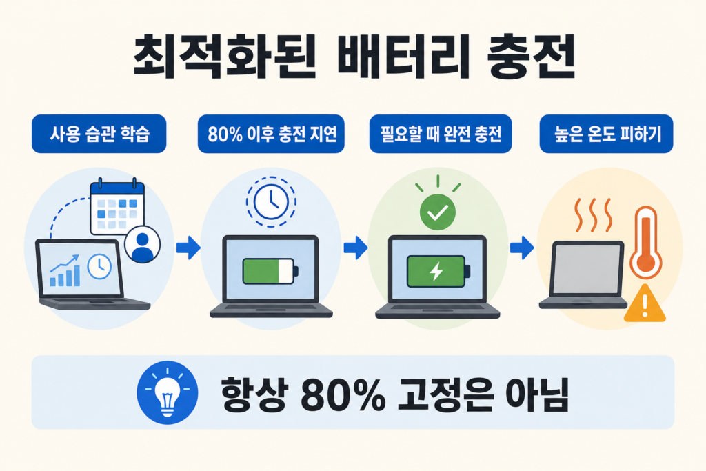 최적화된 배터리 충전이 사용 습관을 학습해 80% 이후 충전을 늦추는 흐름