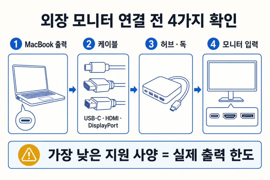 MacBook 출력 케이블 허브 독 모니터 입력 중 가장 낮은 지원 사양이 실제 출력 한도를 결정하는 흐름