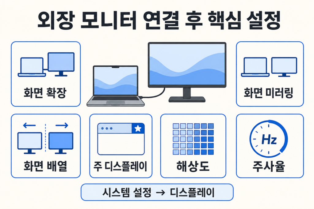 외장 모니터 연결 후 화면 확장 미러링 배열 주 디스플레이 해상도 주사율 설정 안내