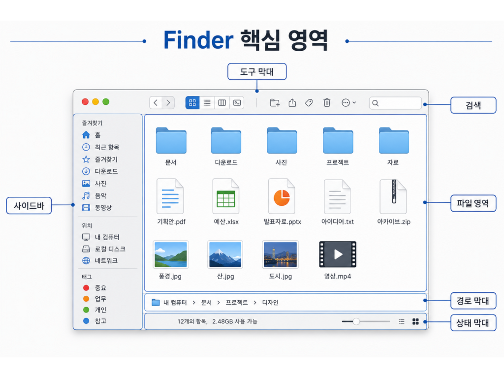 Finder 사이드바 도구 막대 파일 영역 검색 경로 막대 상태 막대 핵심 영역 설명