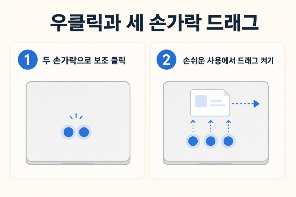 두 손가락으로 보조 클릭하고 손쉬운 사용에서 세 손가락 드래그를 켜는 방법