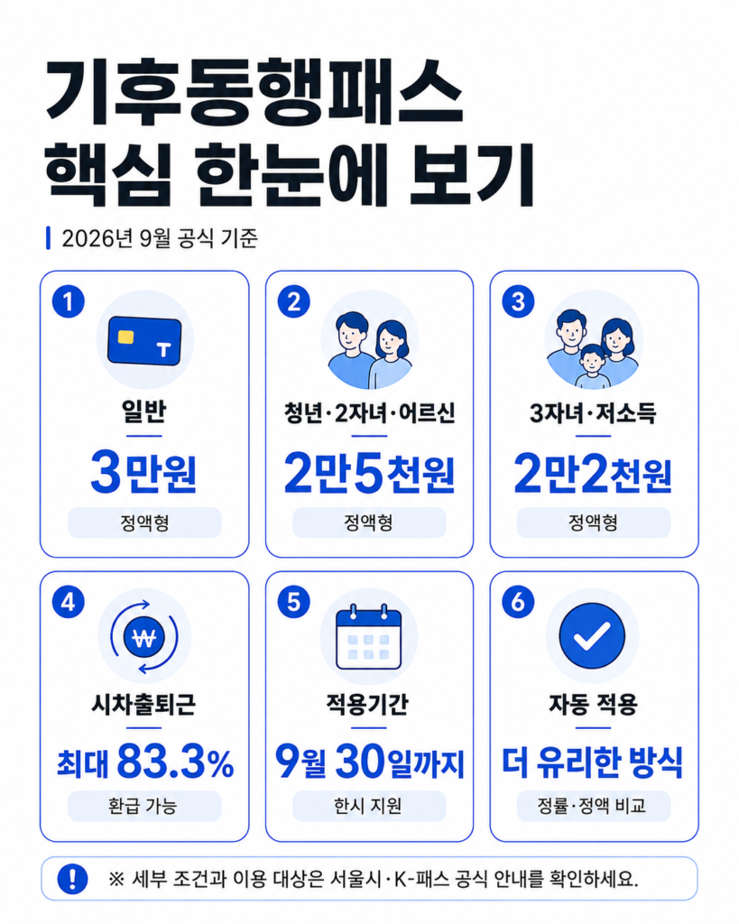 2026년 9월 기후동행패스 대상별 정액형 기준금액과 시차시간 환급률을 비교한 인포그래픽