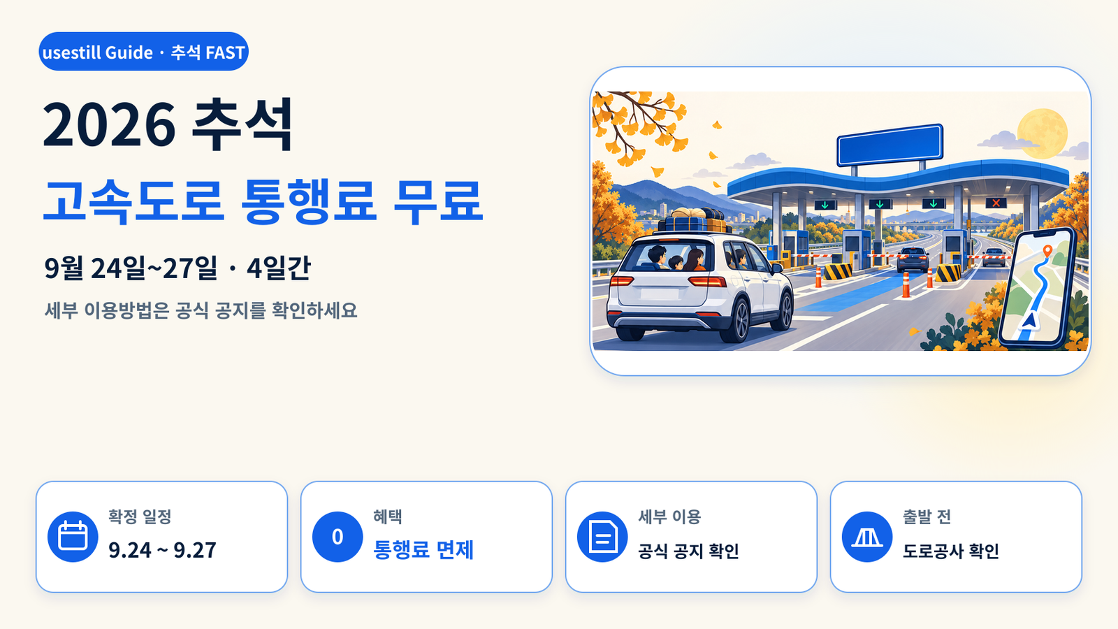 2026 추석 고속도로 통행료 무료|9월 24~27일 확정·하이패스 공지 확인