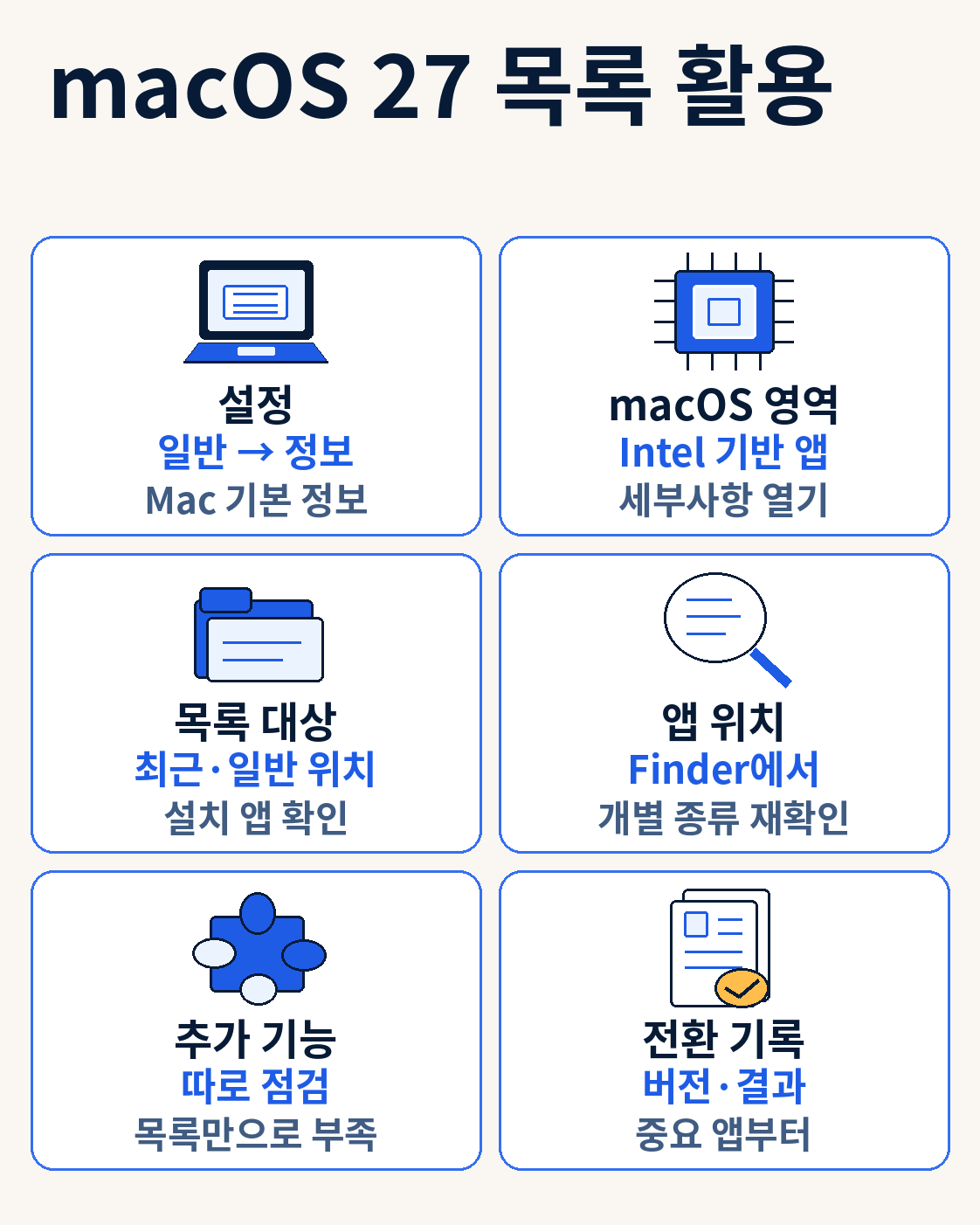 macOS 27 목록 활용 — 맥북 Rosetta 설치·지원 종료 안내|Intel 앱 확인과 전환 순서