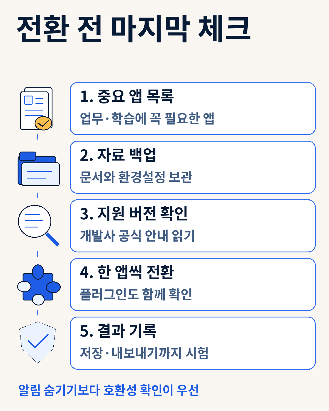 전환 전 마지막 체크 — 알림 숨기기보다 호환성 확인이 우선